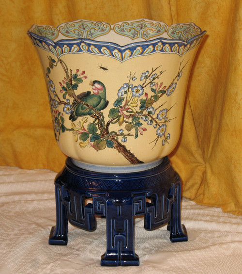 Large Gien earthenware cache pot with Japanese decoration of bird and flowers 19th century period