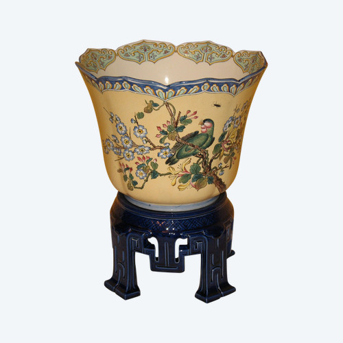 Large Gien earthenware cache pot with Japanese decoration of bird and flowers 19th century period