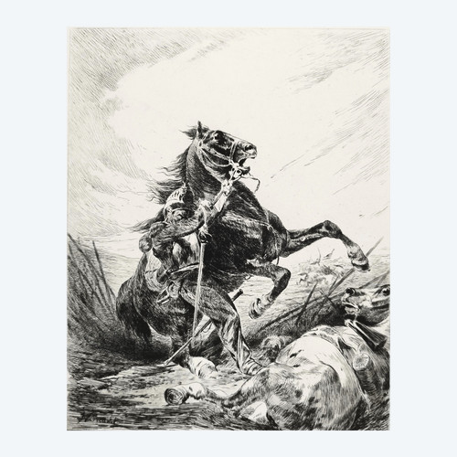 Engraving Cuirassier And His Horse 20th Century Etching Print