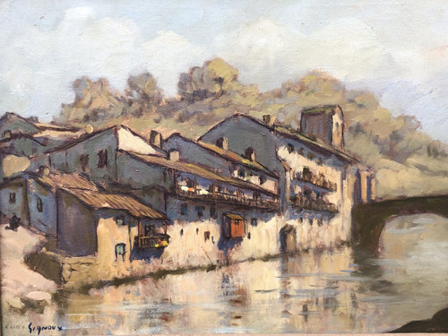 Ludovic Gignoux (1882-?) Tableau Basque - Saint Jean Pied De Port