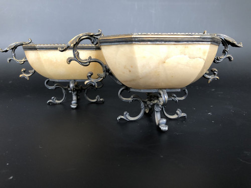 Paire De Coupes En Agate Jaune Montée Argent Doré - XIXème