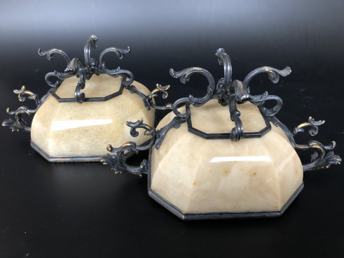 Paire De Coupes En Agate Jaune Montée Argent Doré - XIXème