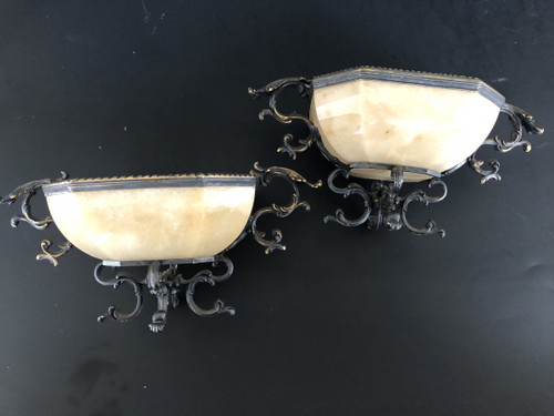 Paire De Coupes En Agate Jaune Montée Argent Doré - XIXème