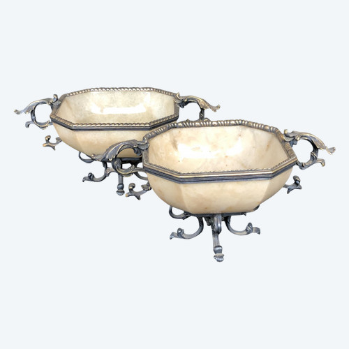 Paire De Coupes En Agate Jaune Montée Argent Doré - XIXème