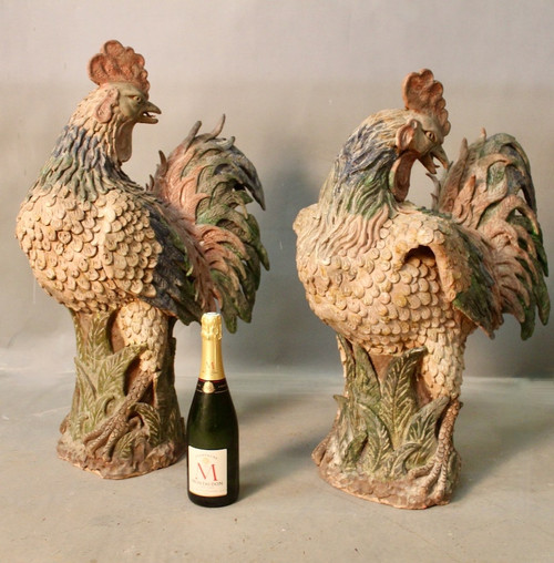 Paire De Coq En Terre Cuite Polychrome XVIIIème