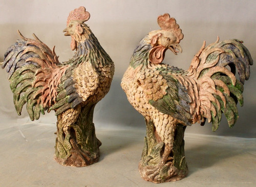 Paire De Coq En Terre Cuite Polychrome XVIIIème