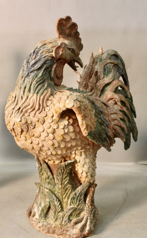 Paire De Coq En Terre Cuite Polychrome XVIIIème