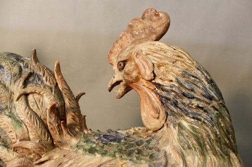 Paire De Coq En Terre Cuite Polychrome XVIIIème