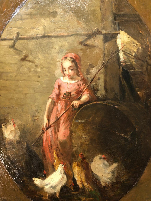 Jules Gros 19. Jahrhundert - Die kleine Bäuerin mit den Hühnern
