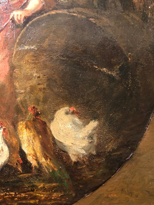 Jules Gros 19. Jahrhundert - Die kleine Bäuerin mit den Hühnern