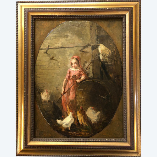 Jules Gros 19. Jahrhundert - Die kleine Bäuerin mit den Hühnern