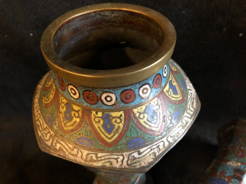 Pair Of Cloisonné Bronze Vases Japan 19th Century