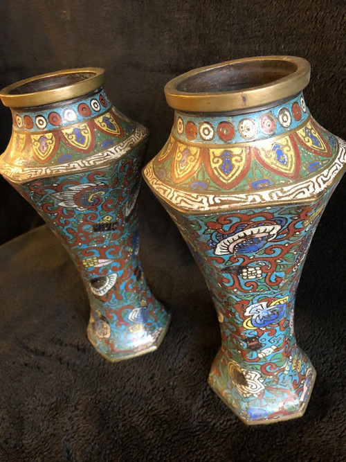 Pair Of Cloisonné Bronze Vases Japan 19th Century