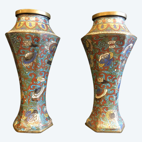 Pair Of Cloisonné Bronze Vases Japan 19th Century