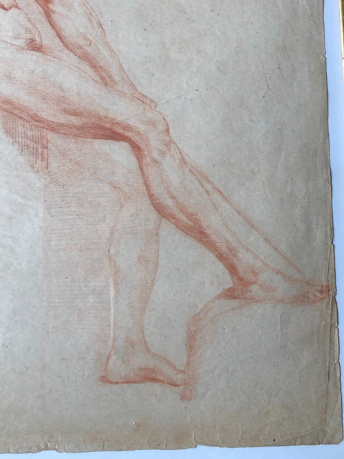 Ecole Napolitaine - Dessin académique  d'Homme Nue à La Sanguine - XIXème Siècle