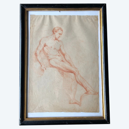 Neapolitan School - Academic Drawing of a Nude Man in Sanguine - XIXth Century