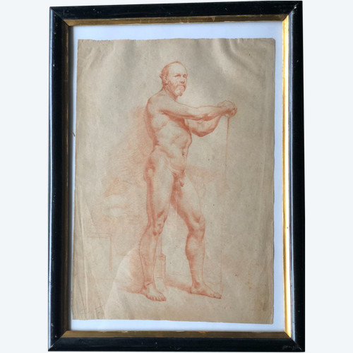 Neapolitan School - Academic Drawing of a Nude Man in Sanguine - XIXth Century