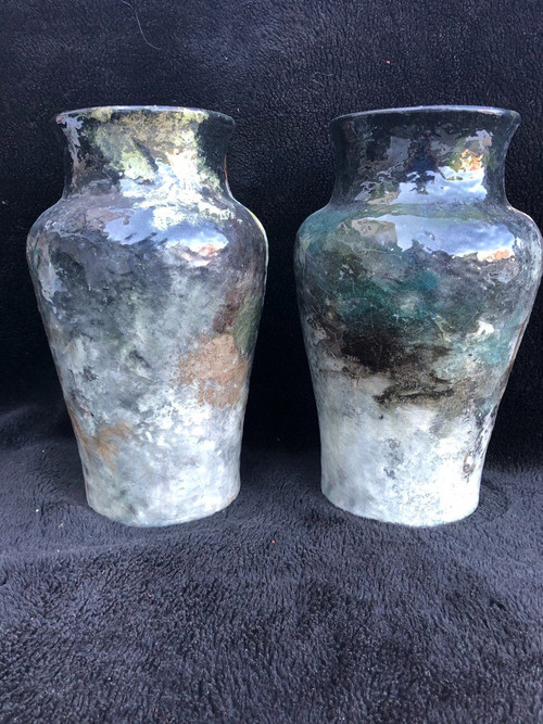 Pair Of Impressionist Barbotine Vases Montigny Sur Loing H 27 Cm