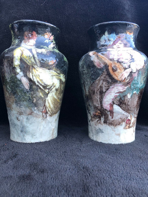 Pair Of Impressionist Barbotine Vases Montigny Sur Loing H 27 Cm