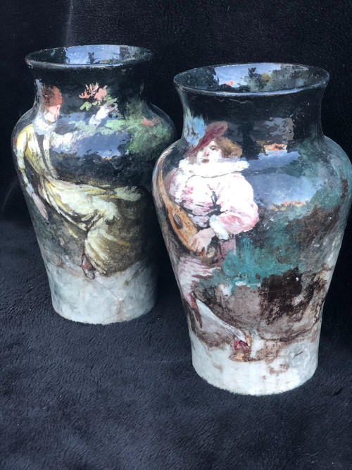 Pair Of Impressionist Barbotine Vases Montigny Sur Loing H 27 Cm