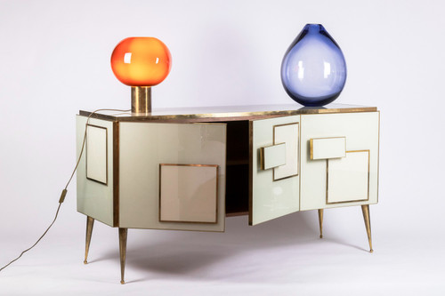 Gilded brass and glass geometric sideboard. Contemporary Italian work.