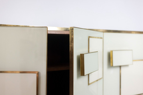 Gilded brass and glass geometric sideboard. Contemporary Italian work.