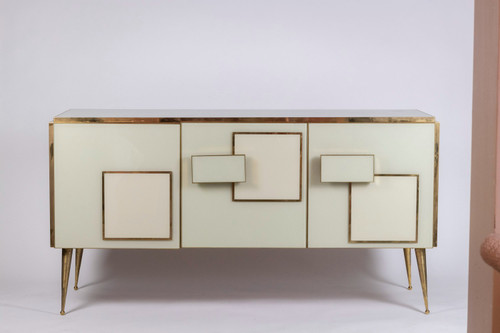 Gilded brass and glass geometric sideboard. Contemporary Italian work.