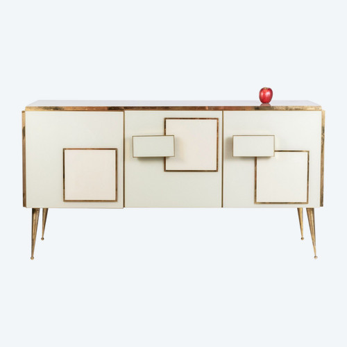 Gilded brass and glass geometric sideboard. Contemporary Italian work.