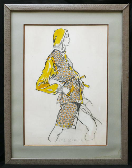 Urs SCHMID, pour la maison Yves SAINT-LAURENT, Mannequin portant un ensemble jaune à carreaux avec une capuche