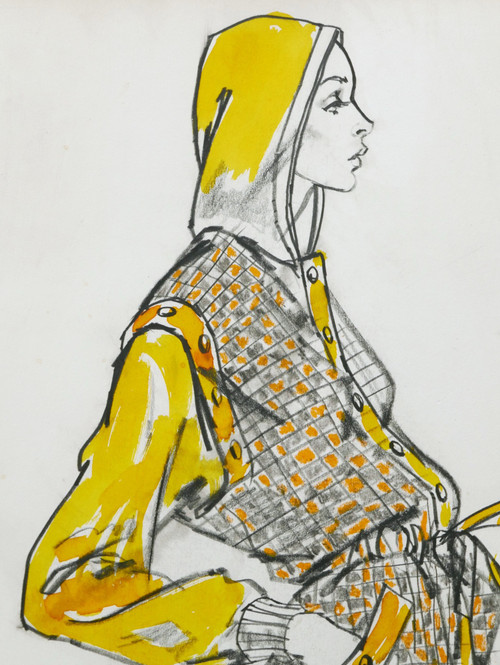 Urs SCHMID, pour la maison Yves SAINT-LAURENT, Mannequin portant un ensemble jaune à carreaux avec une capuche