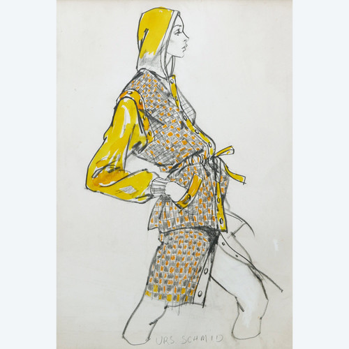 Urs SCHMID, for Yves SAINT-LAURENT, Model wearing a yellow plaid outfit with a hood.