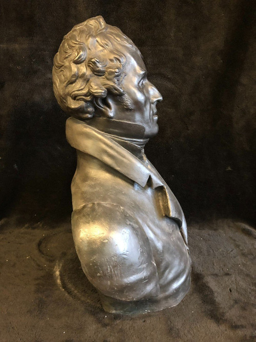 Alte Männerbüste Gips Patina Bronze Epoche Anfang des 19. Jahrhunderts H 60 Cm