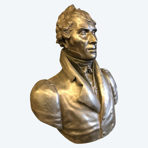 Alte Männerbüste Gips Patina Bronze Epoche Anfang des 19. Jahrhunderts H 60 Cm