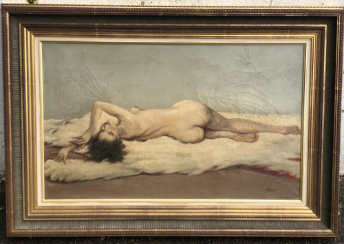 Dipinto su tela - Nudo con pelle d'orso bianco 1930 circa