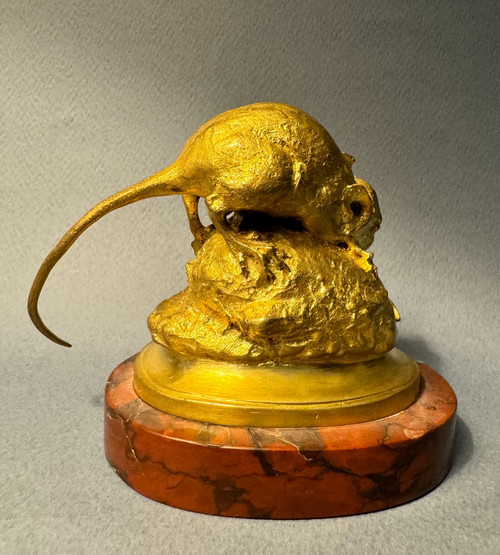 Scultura in bronzo dorato "Topo con mosca" T. ANCONA