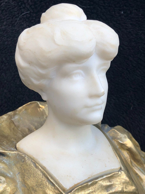 Büste Frau Epoche Jugendstil Vergoldete Bronze Und Marmor