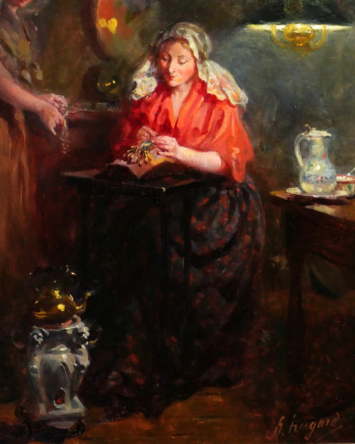 Claude Salvator HUGARD 1861 -? Netherlands, the lacemakers, evening effect, painting, circa 1910