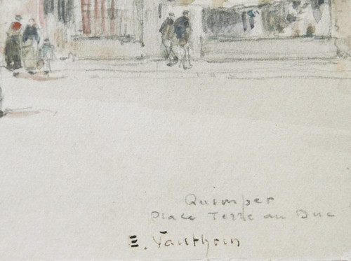 Ernest Germain VAUTHRIN, Vue animée de la Place Terre au Duc à Quimper