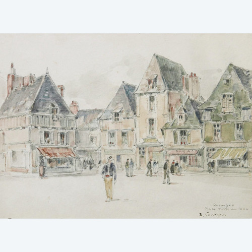 Ernest Germain VAUTHRIN, Vue animée de la Place Terre au Duc à Quimper