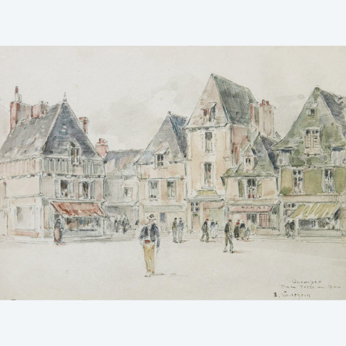 Ernest Germain VAUTHRIN, Animated view of the Place Terre au Duc in Quimper