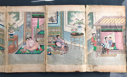 Album erotico cinese a fisarmonica 12 acquerelli su seta dell'inizio del XIX secolo