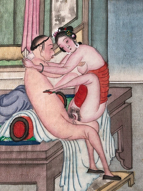 Album erotico cinese a fisarmonica 12 acquerelli su seta dell'inizio del XIX secolo