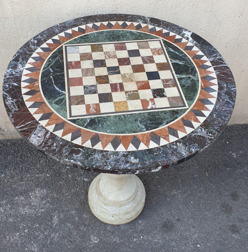 Guéridon En Marbre Avec Plateau En Marqueterie, XIXème Siècle