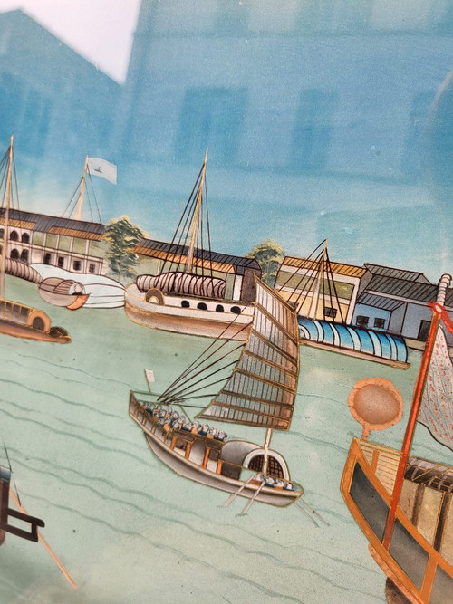 Fixé Sous Verre Vue d'Un Port En Asie, XXème Siècle