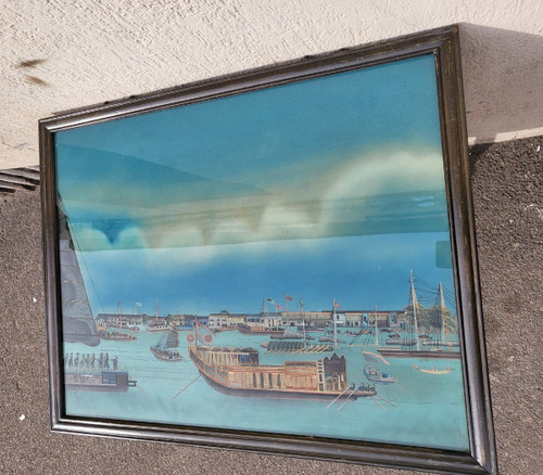 Fixé Sous Verre Vue d'Un Port En Asie, XXème Siècle