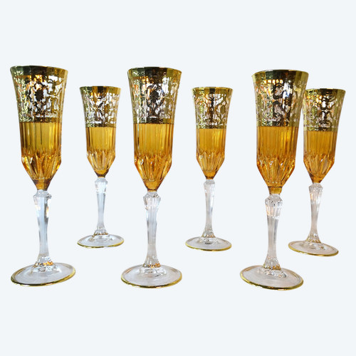 MURANO. 6 Champagnergläser aus Kristall mit vergoldetem Flechtwerkdekor 99 ct. H. 24,5 cm