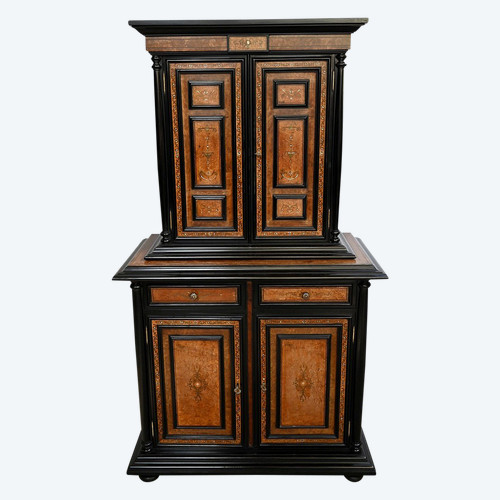 Small Two-Body Sideboard in Blackened Wood and Burl Cedar, stamped Gordóvil, Renaissance style, Spain