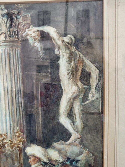 C Fabini, Aquarell, Der Sänftestuhl, Ende des 19. Jahrhunderts