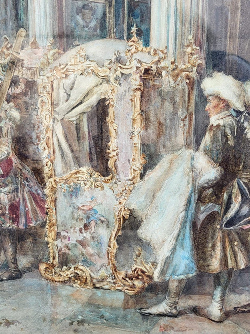 C Fabini, Aquarell, Der Sänftestuhl, Ende des 19. Jahrhunderts