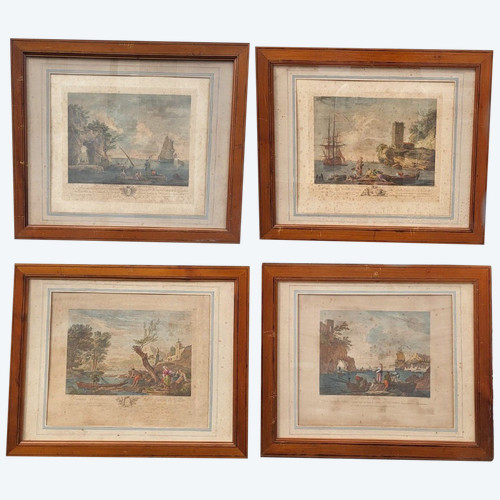 Suite Of 4 Framed Engravings, Fishing, 19th Century